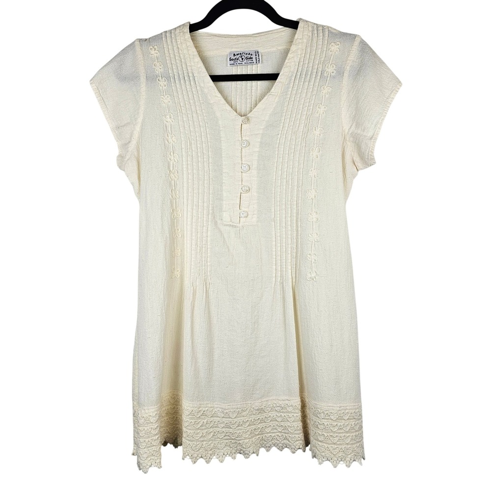 American South Side Women's Cotton Pintuck Lace Trim Tunic Top Cream Boho Peru
